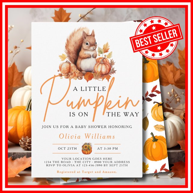 Convite Um Pequeno Chá de fraldas De Abóbora De Outono (A Little Pumpkin is on the Way Fall Autumn Squirrel Baby Shower Invitation)