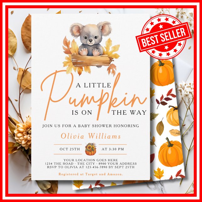Convite Um Pequeno Chá de fraldas De Abóbora No Outono Da  (A Little Pumpkin is on the Way Fall Autumn CUTE KOALA BEAR Baby Shower Invitation)