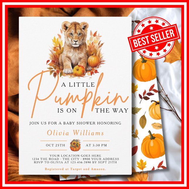 Convite Um pequeno Chá de fraldas de Abóbora outono de Leã (A Little Pumpkin is on the Way Fall Autumn LION CUB Baby Shower Invitation)