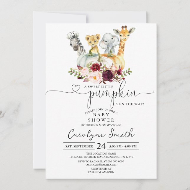 Convite Um Pequeno Chá de fraldas De Animais Safari Pumpki (Frente)