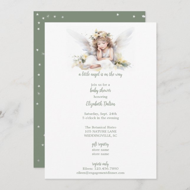 Convite Um pequeno Chá de fraldas de Anjo de Aquarela (Frente/Verso)
