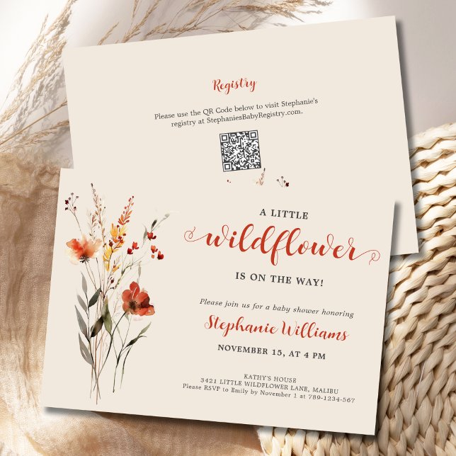 Convite Um Pequeno Chá de fraldas de Aquarela de Flor Selv (A Little Wildflower is on the Way Baby Shower Invitation with BOHO fall flowers in rust and orange.)