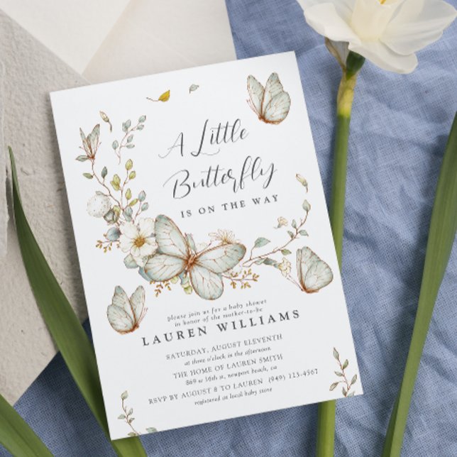 Convite Um Pequeno Chá de fraldas De Aquarela Russo Com Bo (Flutter into joy with our 'Little Butterfly' Baby Shower Invite!)