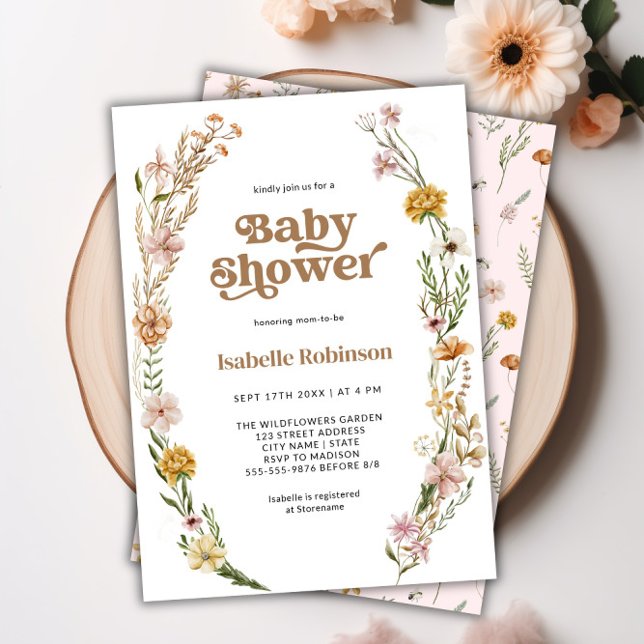 Convite Um Pequeno Chá de fraldas De Bicho De Flor Selvage (A Little Wildflower Boho Chic Girl Baby Shower Invitation)