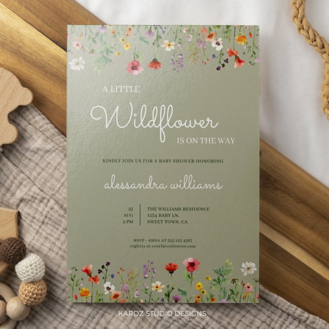 Convite Um Pequeno Chá de fraldas De Bicho De Flor Selvage (Little Wildflower invitation ideal for a baby boy or gender neutral baby shower celebration.)