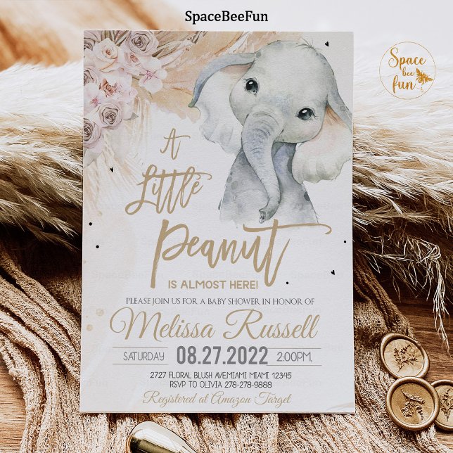 Convite Um pequeno chá de fraldas de elefante de amendoim  (Safari invites,Elephant invite,boho Baby Shower,Invitation,Girl Safari,Elephant Invites,A little pea)