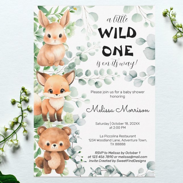 Convite Um Pequeno Chá de fraldas De Eucalyptus Animais Se (A Little Wild One Animals Eucalyptus Baby Shower Invitation)