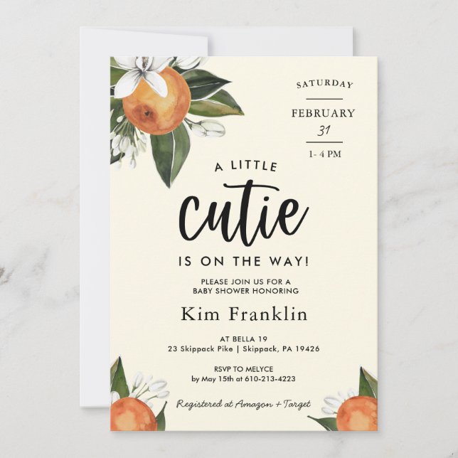 Convite Um Pequeno CHÁ DE FRALDAS De Laranja De Clementine (Frente)