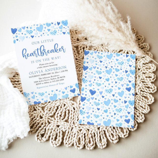 Convite Um pequeno Chá de fraldas de Namorados Azul (Watercolor Cute A Little Heartbreaker Blue Hearts Baby Boy Valentine Baby Shower Invitation)