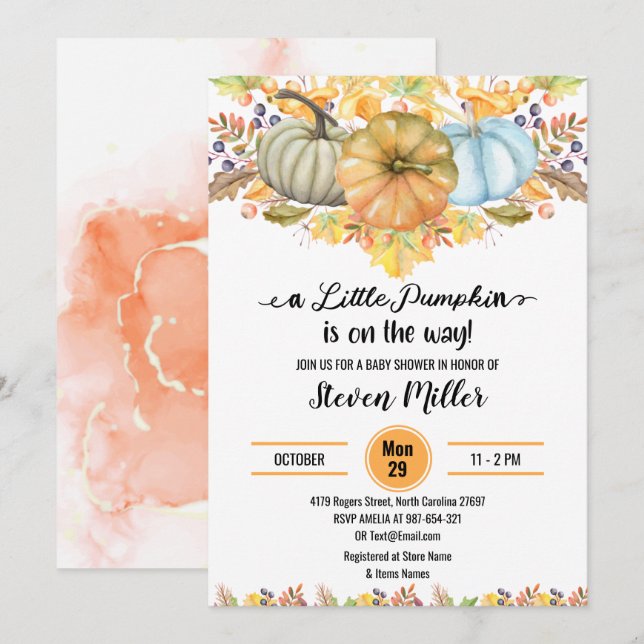 Convite Um pequeno Chá de fraldas de outono de Abóbora (Frente/Verso)