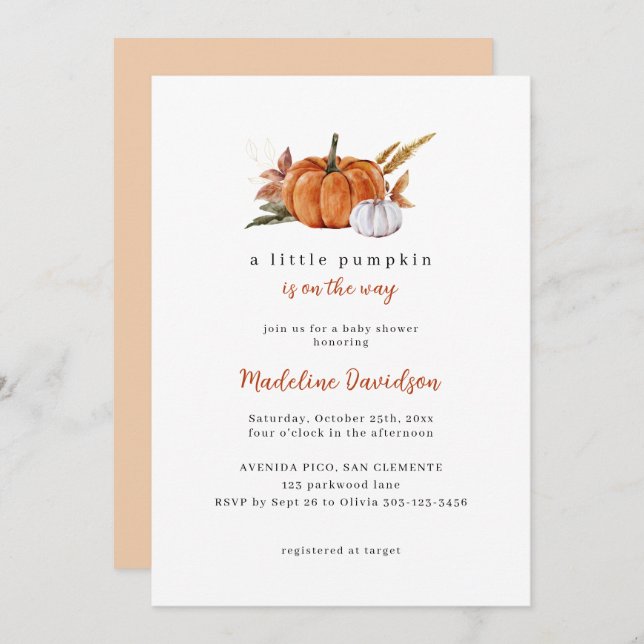 Convite Um Pequeno Chá de fraldas de outono de Abóbora (Frente/Verso)