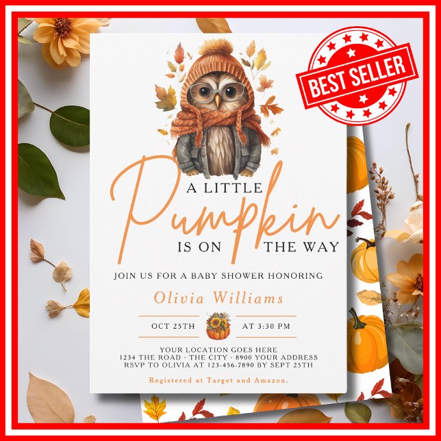 Convite Um pequeno Chá de fraldas de outono de outono de A (A Little Pumpkin is on the Way Fall Autumn CUTE OWL Baby Shower Invitation)