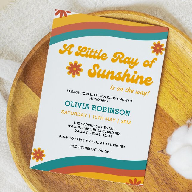 Convite Um Pequeno Chá de fraldas do Sol-Shine Boho (A Little Ray of Sunshine Boho Retro Baby Shower Invitation )