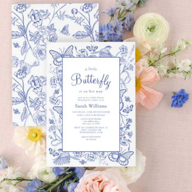 Convite Um pequeno Chá de fraldas Floral Azul e Branco (Baby Shower Invitation)