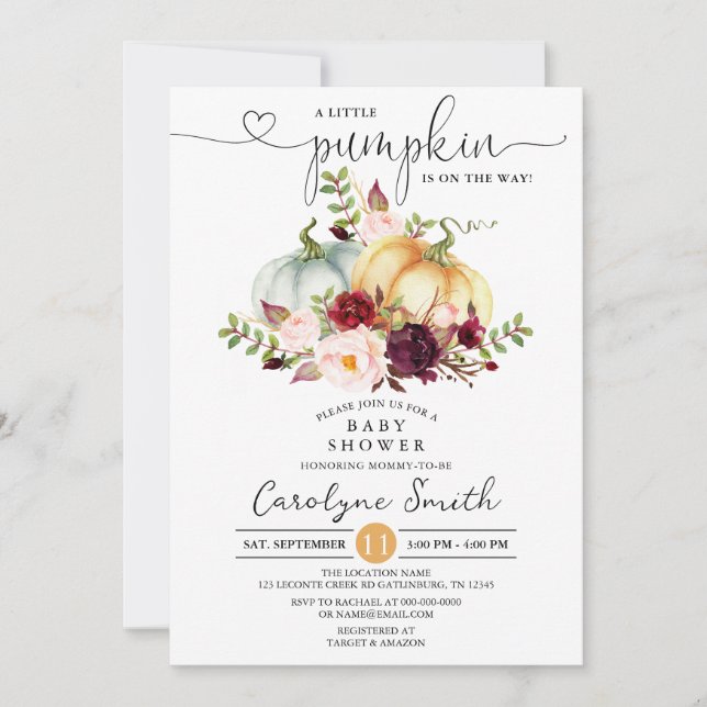 Convite Um Pequeno Chá de fraldas Floral De Abóbora (Frente)