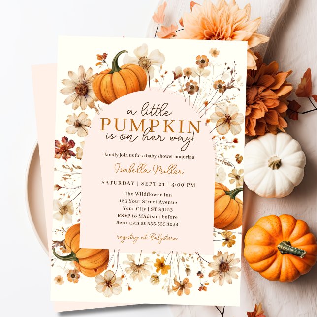 Convite Um Pequeno Chá de fraldas Floral de outono de Abób (fall pumpkin baby shower invite)
