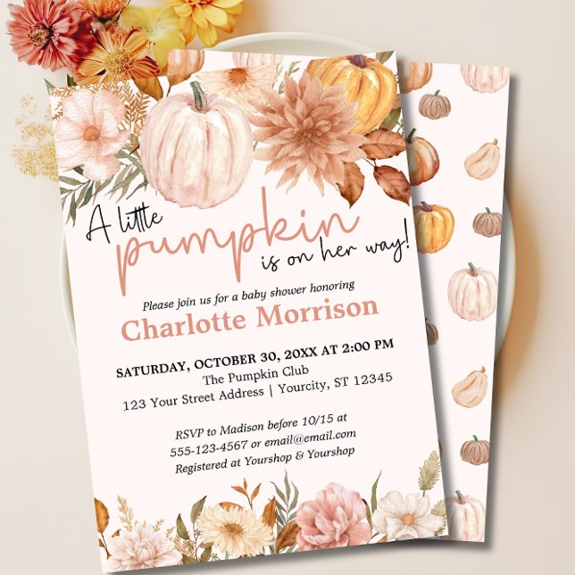 Convite Um Pequeno Chá de fraldas Floral de outono de Abób (Little Pumpkin Blush Pink Fall Baby Shower Invite)