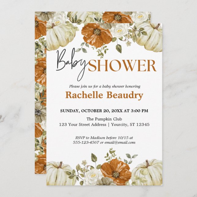 Convite Um Pequeno Chá de fraldas Floral de outono de Abób (Frente/Verso)