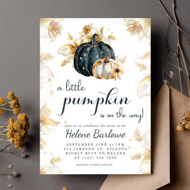 Convite Um Pequeno Chá de fraldas Floral Elegante De Abóbo (A Little Pumpkin Elegant Floral Baby Shower Invitation)