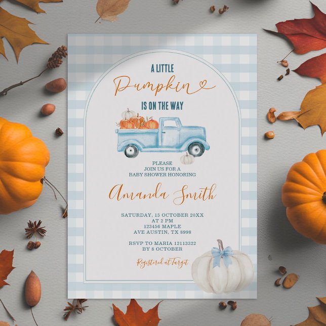 Convite Um Pequeno Chá de fraldas Pumpkin Blue Truck Gingh (Criador carregado)