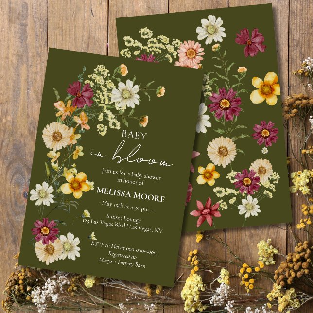 Convite Um pequeno Chá de fraldas verde de flor selvagem (Criador carregado)