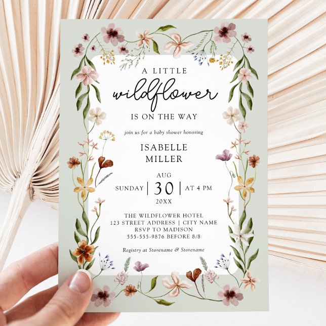 Convite Um pequeno Chá de fraldas verde de flor selvagem (A Little Wildflower Sage Green Baby Shower Invitation)