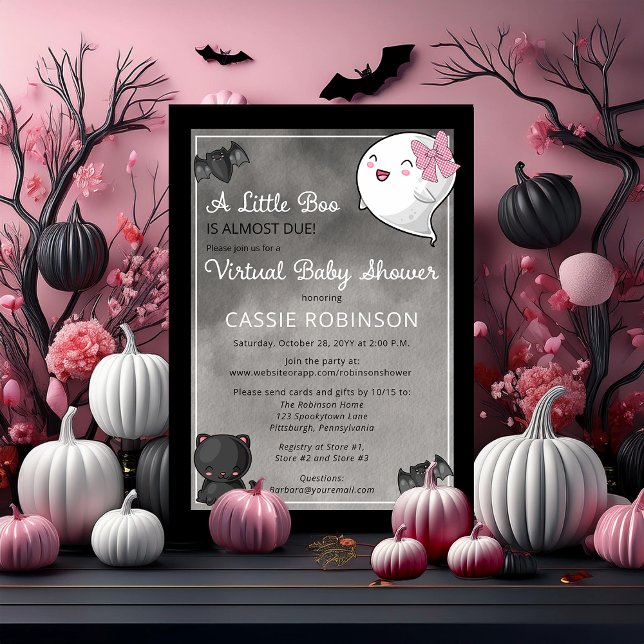 Convite Um pequeno Chá de fraldas virtual para a Garota Fa (Cute "A Little Boo" "Virtual Baby Shower" Girl Coquette Ghost Kawaii Baby Shower Invitation)