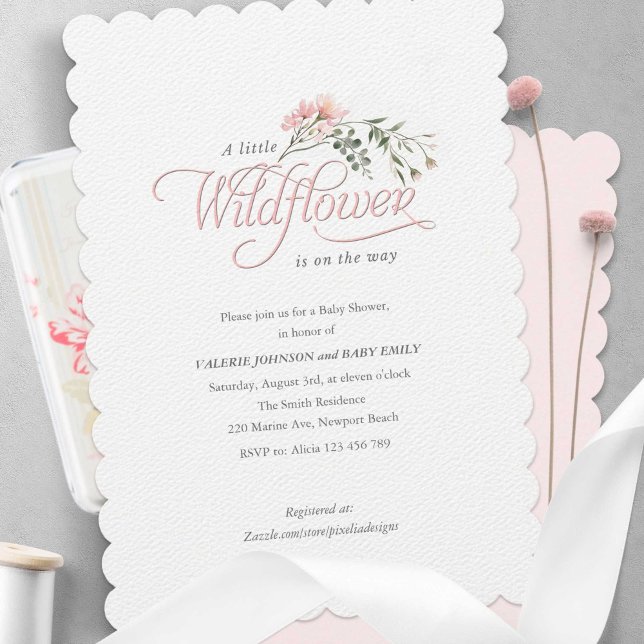 Convite Um pequeno Chá Rosa Simples e elegante (Simple elegant, pink wildflower, A little wildflower themed baby girl shower invitation.)