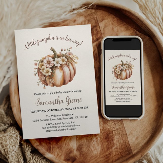 Convite Um Pequeno Chamado De Bebê De Abóbora (A little pumpkin is on her way shower invite)