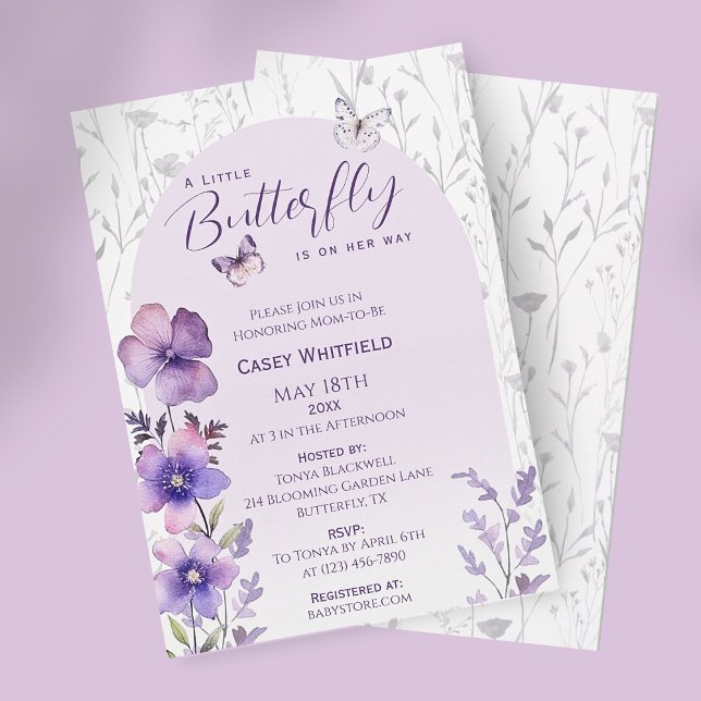 Convite Um Pequeno Chuveiro de Bebê Borboleta Roxa Flor Si (A Little Butterfly Purple Boho Baby Shower Invitation)