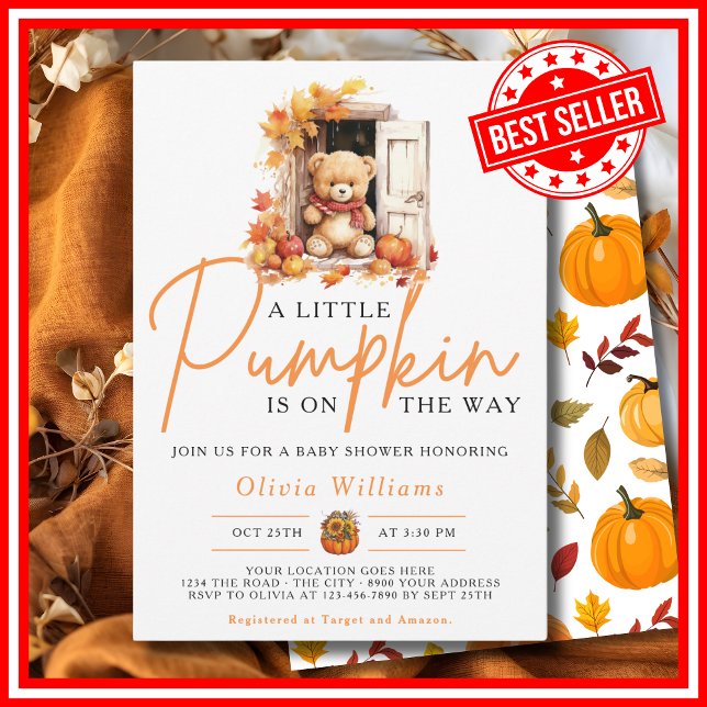 Convite Um Pequeno Chuveiro de Bebê Urso FOFO de Outono (A Little Pumpkin is on the Way Fall Autumn CUTE BEAR Baby Shower Invitation)