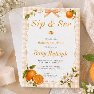 Convite Um Pequeno Corte Laranja Flor de Gingham Bebê Reve