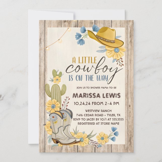 Convite Um Pequeno Cowboy Está A Caminho Bleu Amarelo Ocid (Frente)