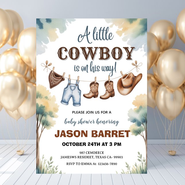 Convite "Um Pequeno Cowboy está a caminho" Chá de fraldas ("A Little Cowboy is on His Way" Baby Shower Invitation
)