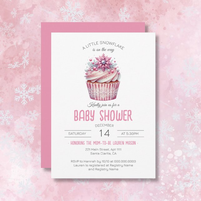 Convite Um Pequeno Cupcake De Neve, Chá de fraldas Rosa (A Little Snowflake Cupcake Pink Girl Baby Shower Invitation)