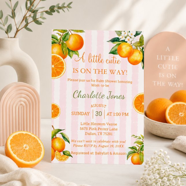 Convite Um Pequeno Doce Está a Caminho Chuva de Citros Ban (A little cutie is on the way Orange Citrus baby shower invitation)