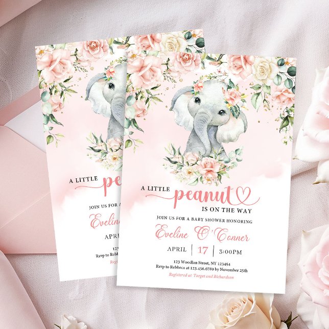 Convite Um pequeno elefante de amendoim borra ouro floral (A little peanut baby elephant blush floral gold invitation)