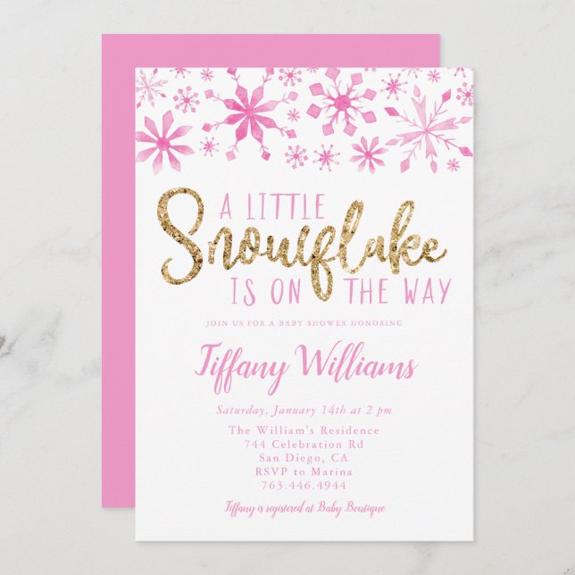 Convite Um Pequeno Floco de Neve Dourado Chá de fraldas Ro (Frente/Verso)