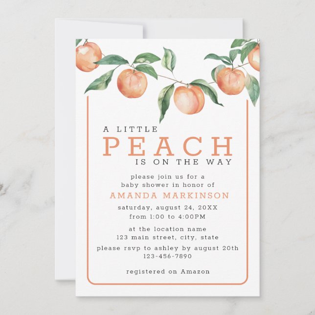 Convite Um Pequeno Pêssego No Caminho Do Chá de fraldas De (Frente)