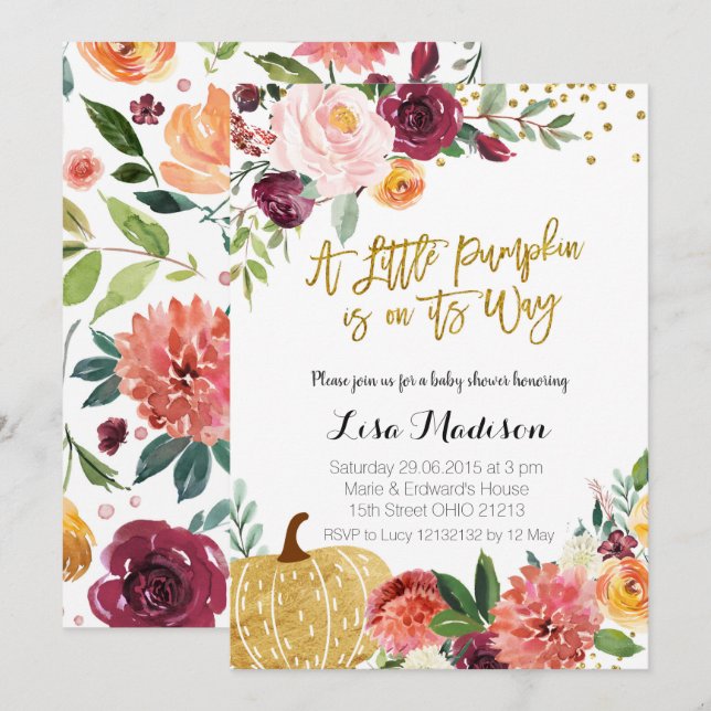 Convite Um pequeno Pumpkin está a caminho do Chá de fralda (Frente/Verso)