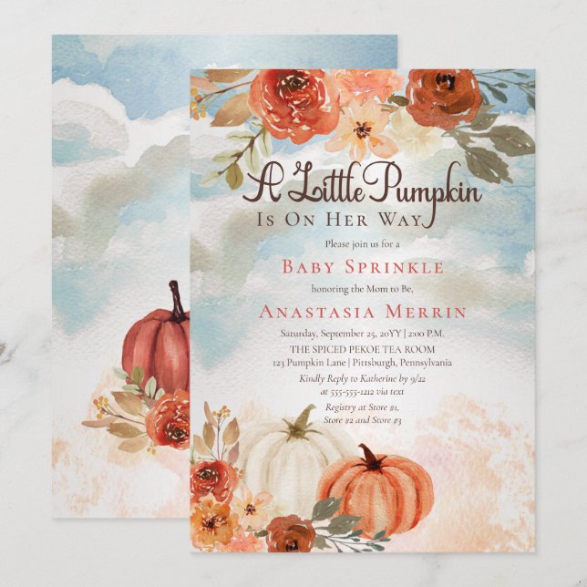 Convite Um Pequeno Pumpkin | Fall Floral Girl Baby Sprinkl (Frente/Verso)