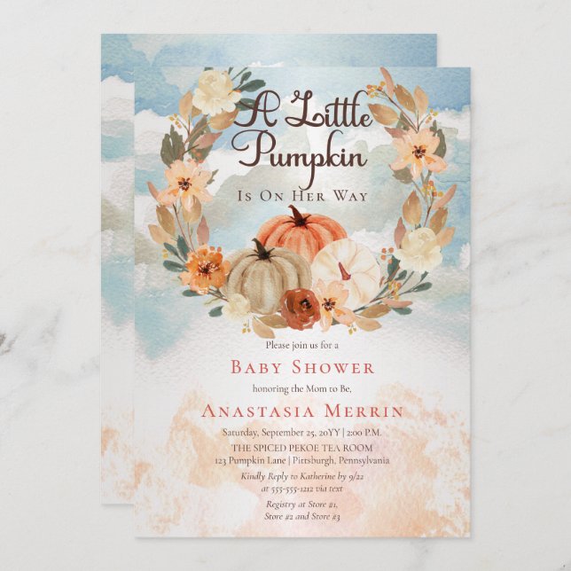 Convite Um Pequeno Pumpkin | Fall Floral Girl Chá de frald (Frente/Verso)
