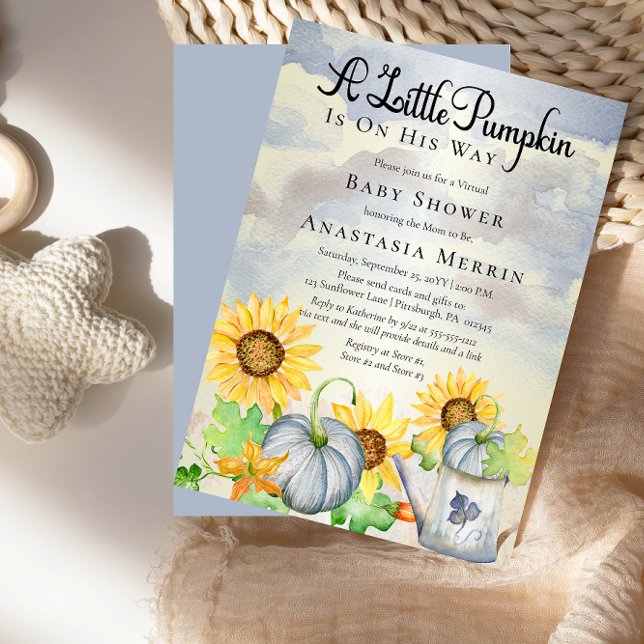 Convite Um Pequeno Pumpkin | Girassóis Chá de fraldas virt ("A Little Pumpkin Is On His Way" Blue Pumpkins and Sunflowers Virtual Baby Shower Invitation)