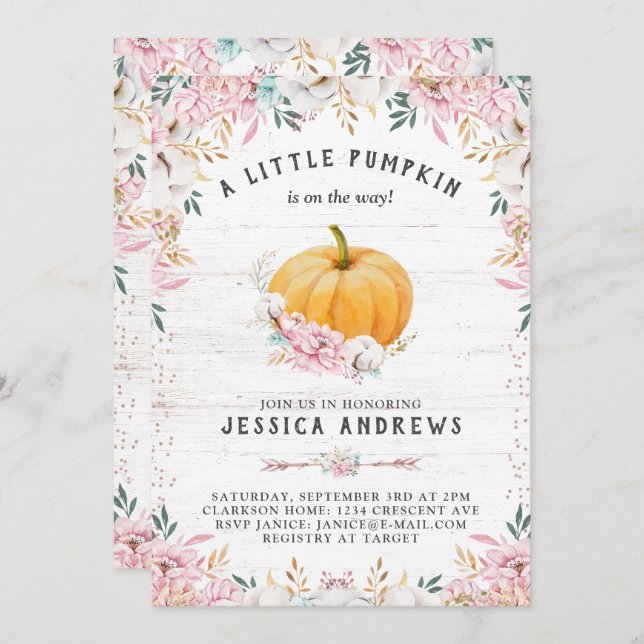 Convite Um Pequeno Pumpkin Rustic Cotton Floral (Frente/Verso)