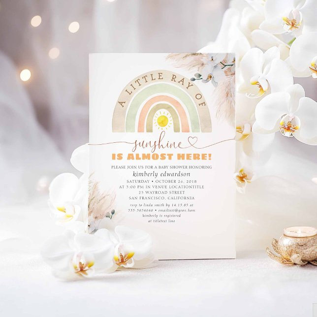 Convite Um pequeno raio de sol - Chá de fraldas arco-íris (A Little Ray Of Sunshine Is Almost Here - Cute Boho Baby Shower Invitations)