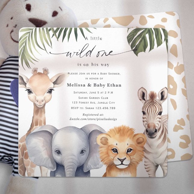 Convite Um pequeno selvagem está a caminho do Chá de frald (Wild One Safari Baby Animals, Baby BoyShower. A wild One is on Her way, A Cute Baby Shower invite.)