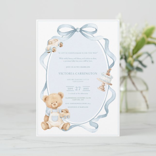 Convite Um Pequeno Urso Azul Gentil Bebê Menino  (Em pé/Frente)