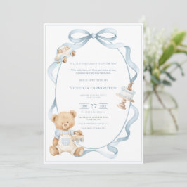 Convite Um Pequeno Urso Azul Gentil Bebê Menino