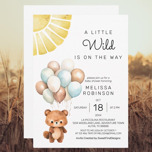Convite Um Pouco De Balões Modernos De Urso Justo (A Little Wild Cute Bear Modern Balloons Invitation)