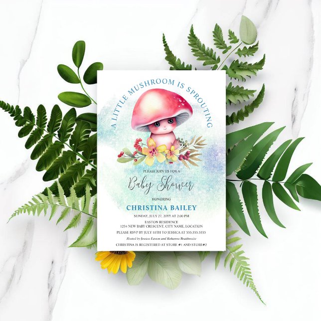 Convite Um Pouco De Cogumelo Está Provocando Chá de fralda (Cute little watercolor mushroom sprouting baby boy shower invitation.)
